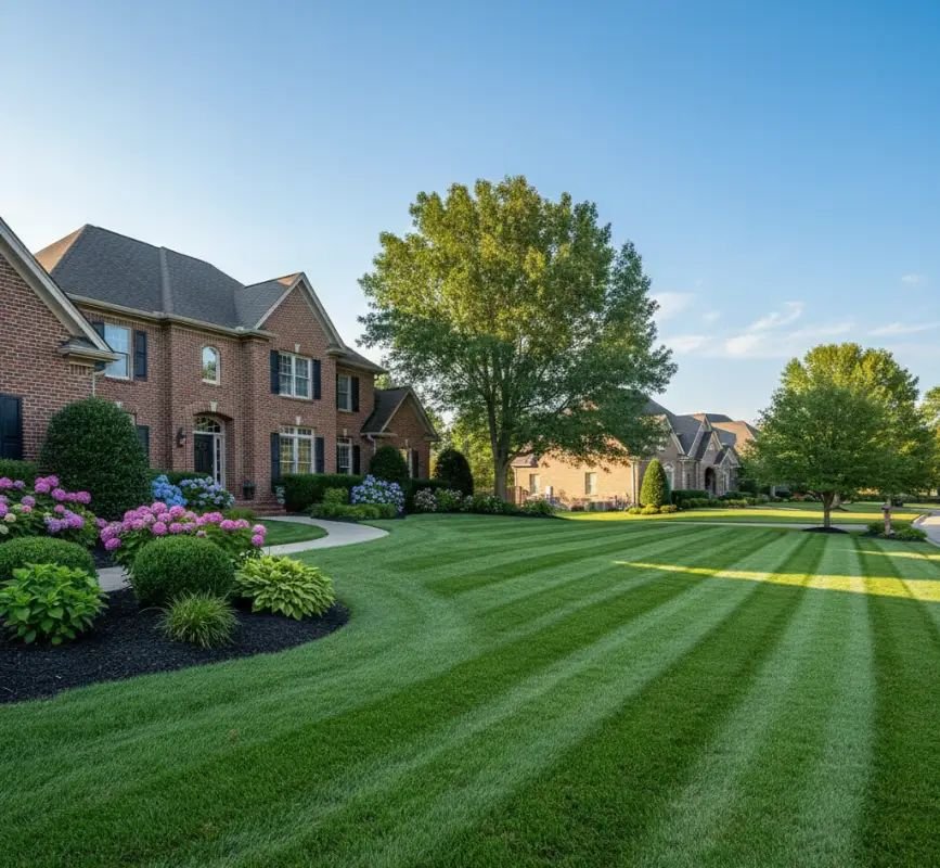 The Thompson Estate — manicured brick estate lawn with perfect diagonal stripes and vibrant landscaping